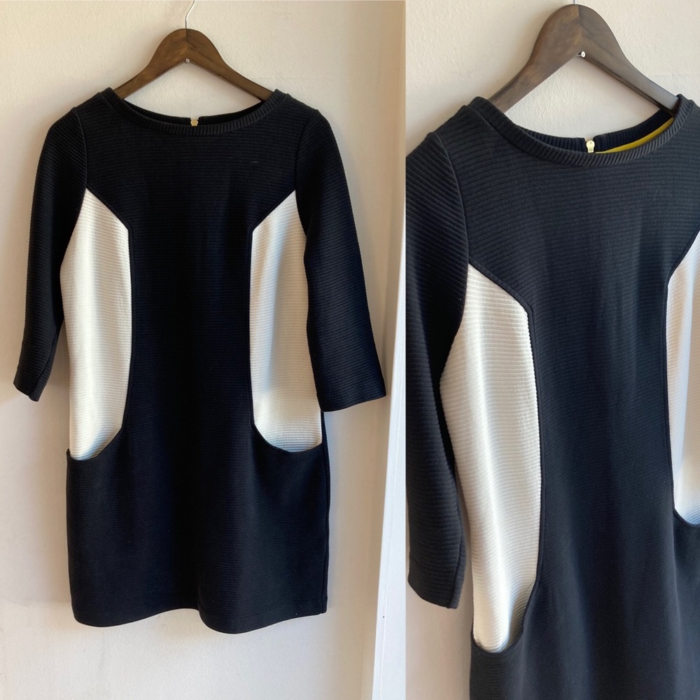 Boden Ottoman Color Block Shift Dress Textured Cotton Black- White 10